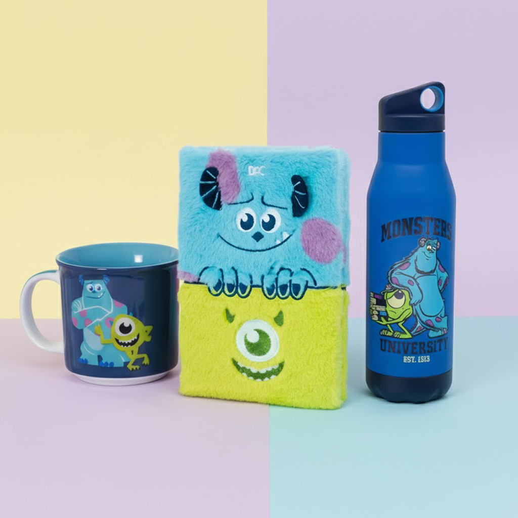 Kit Monstros S/A: Caderno Pelúcia, Caneca e Garrafa Space